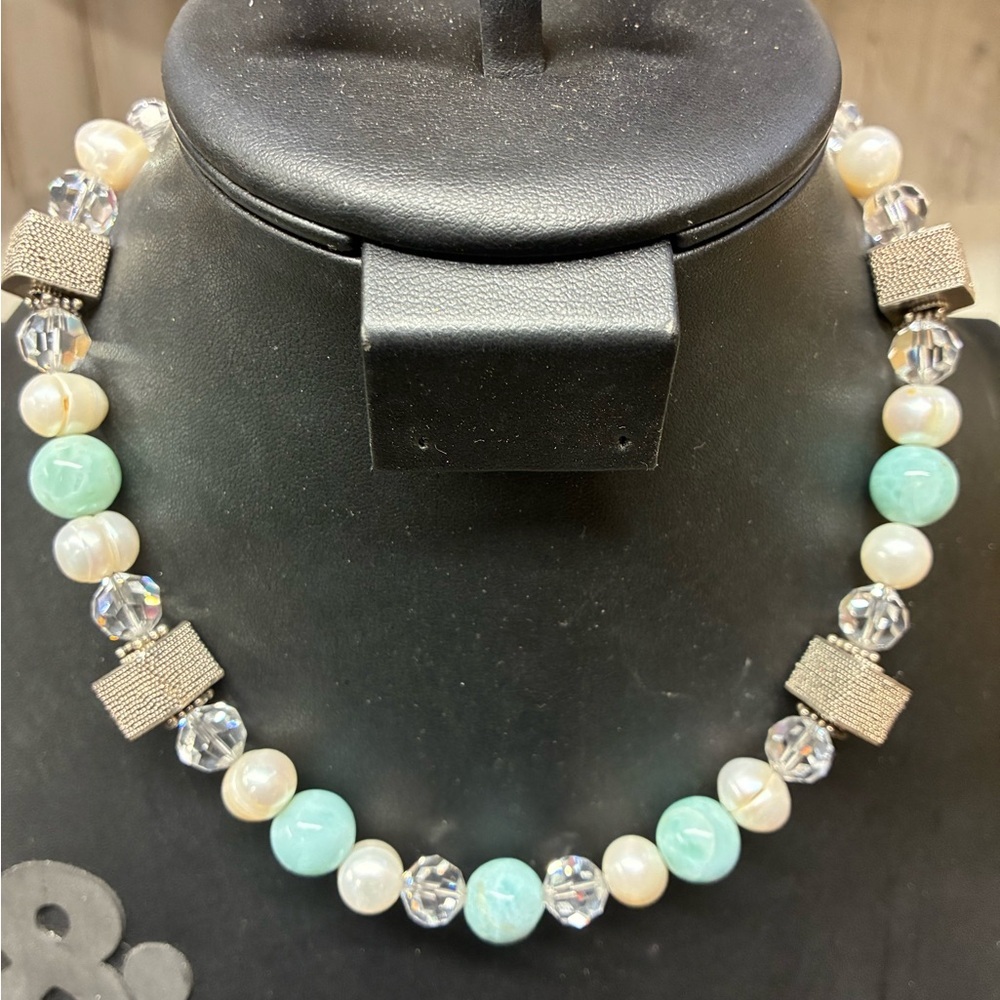 Elegant Pearl and Crystal and larimar Necklace. Sterling